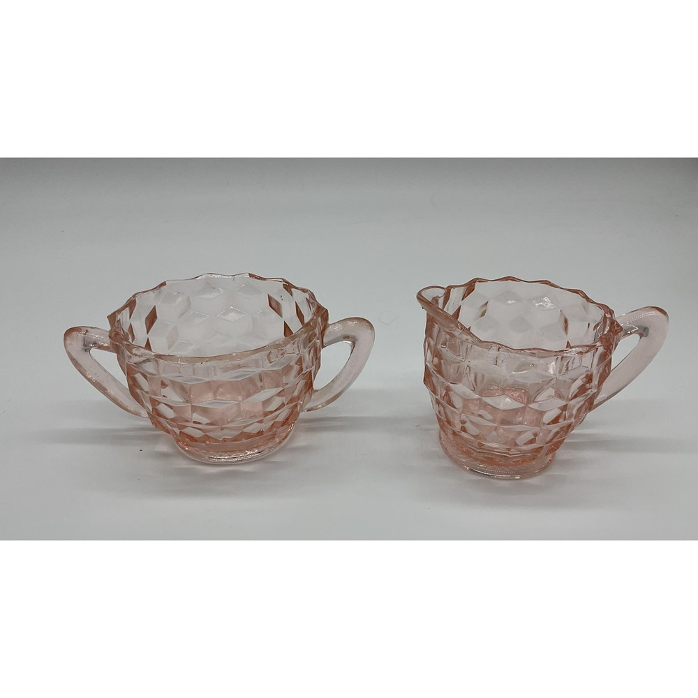 Vintage Pink Depression Glass Creamer Sugar Set Cube Cubist Art Deco Grandmacore